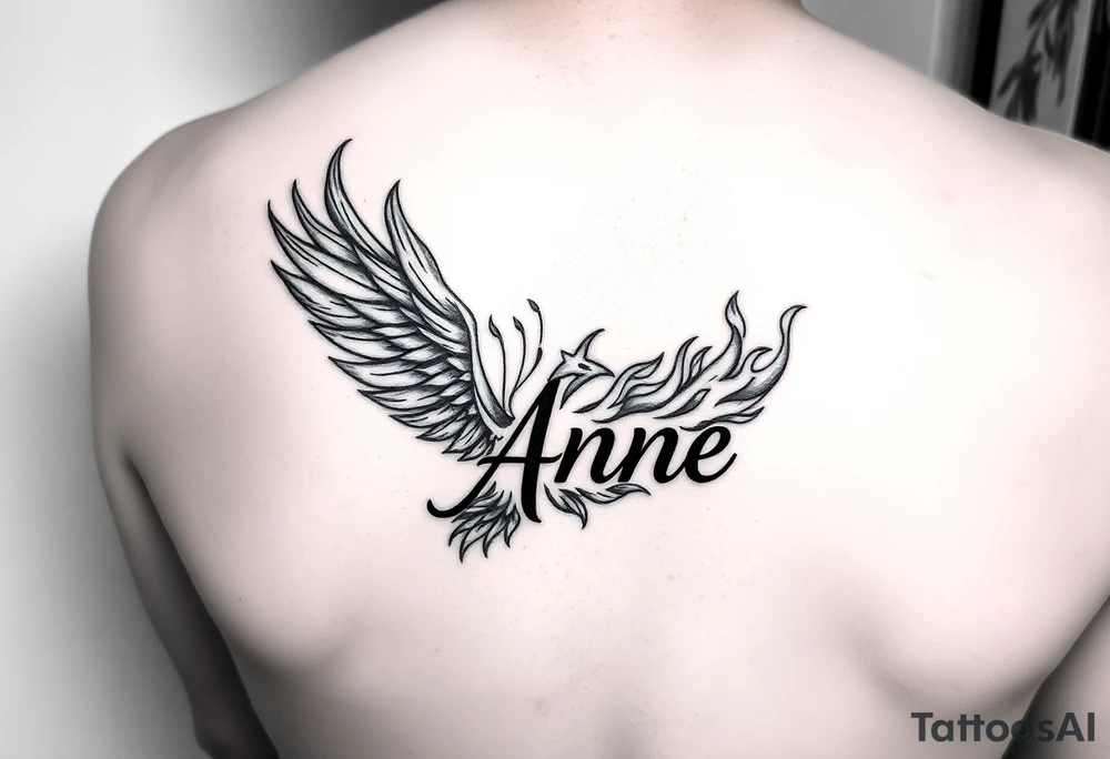 the name Anne in a burning phoenix feather tattoo idea