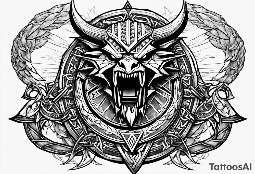 Valhalla sword shield dragon axe Valknut barbed wire chains valknut tattoo idea Valhalla sword shield dragon axe Valknut barbed wire chains valknut tattoo idea