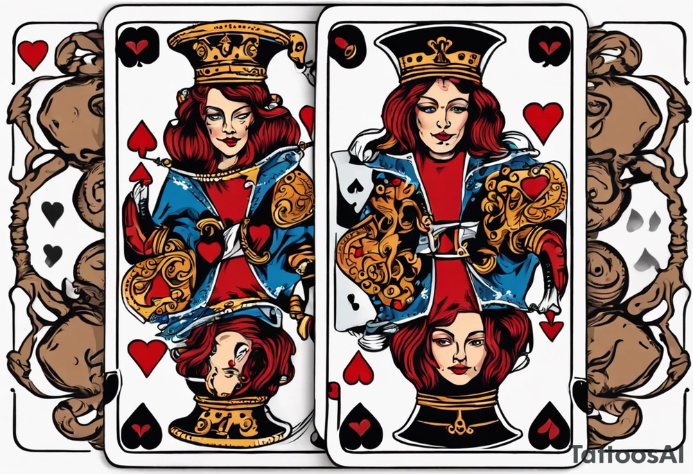 A playing card that is the queen of hearts. The two faces on the card are famous pirates Mary Read and Anne Bonny tattoo idea