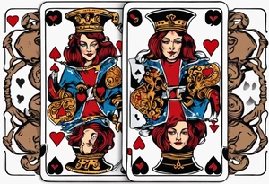 A playing card that is the queen of hearts. The two faces on the card are famous pirates Mary Read and Anne Bonny tattoo idea