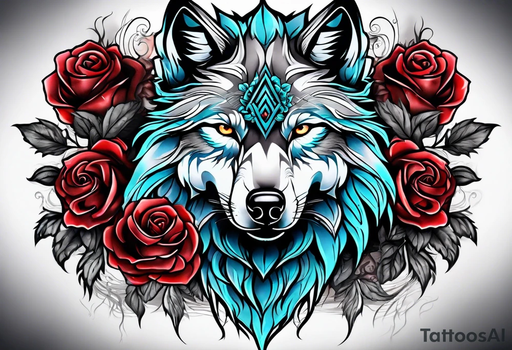 Wolf combined with roses and skulls tattoo idea