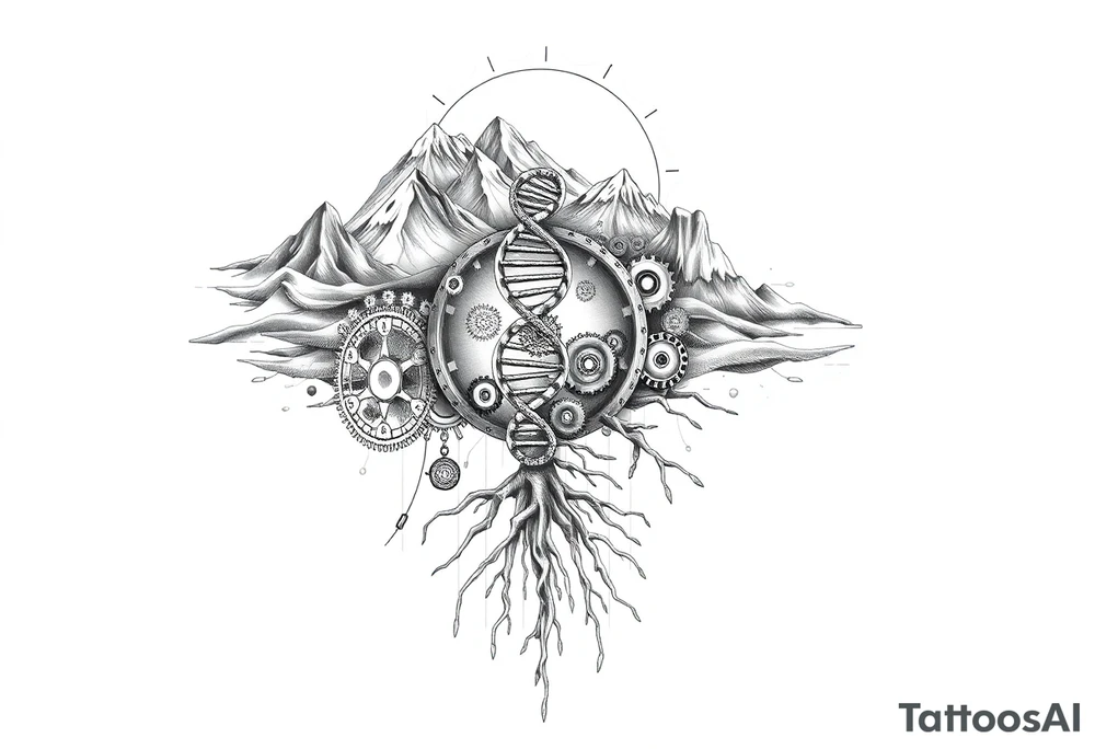 Full sleeve tattoo design for a left arm, vertical composition. A surreal blend of Southern California landscapes including desert dunes, snow-capped mountains, and ocean waves. The landscapes are integrated into a 3D geometric and biomechanical framework with gears, droid-like metallic components, and Matrix-style digital rain. In the center, a double helix DNA strand transitions into tree roots. Style: Alex Grey visionary art meets TOOL aesthetic. High contrast black and grey with subtle glowing amber highlights. Hyper-realistic, 8k, white background tattoo idea
