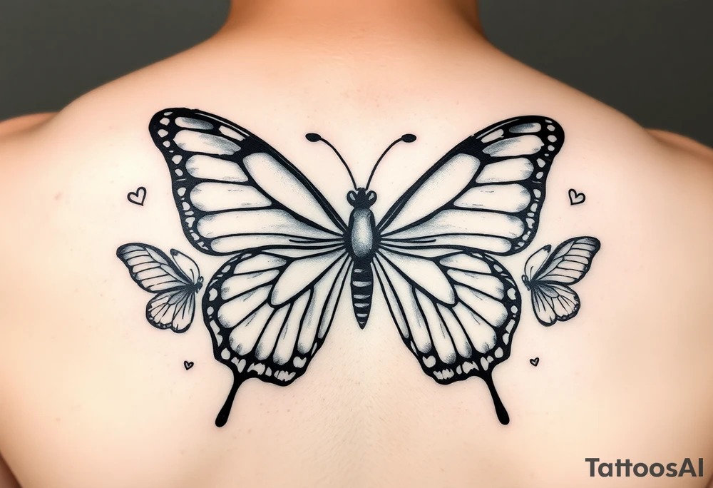 Beautiful Butterfly with heart desinhs on one side and the other side capricorn zodiac  number  with little butterfly's surrounding the bigger butterfly and on both side of the butterfly the names JOSIAH  7-6-21 & on the opposite side the name ADIAN 3-10-23 tattoo idea