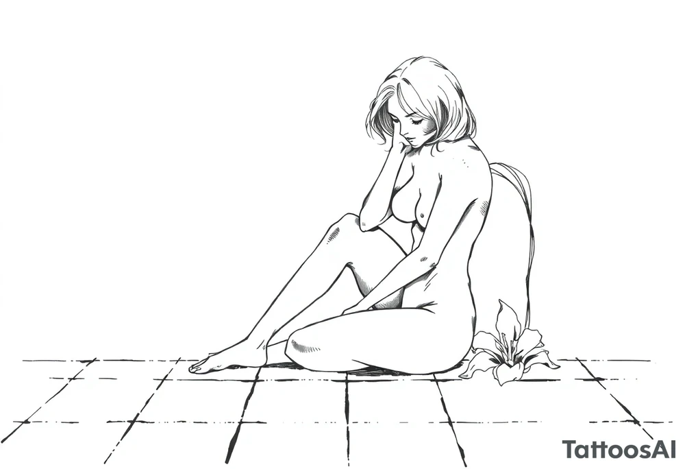 A simple tile floor with a minimalist, almost abstract curled figure sitting on the floor with a lily next to her tattoo idea