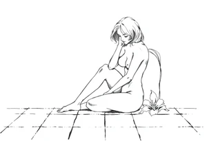 A simple tile floor with a minimalist, almost abstract curled figure sitting on the floor with a lily next to her tattoo idea