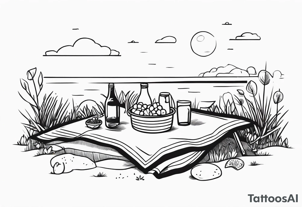 Very light and minimalstic picnic scene in nature. A blanket, picnic-basket with lid, pillows and party tennants. Thin lines. tattoo idea