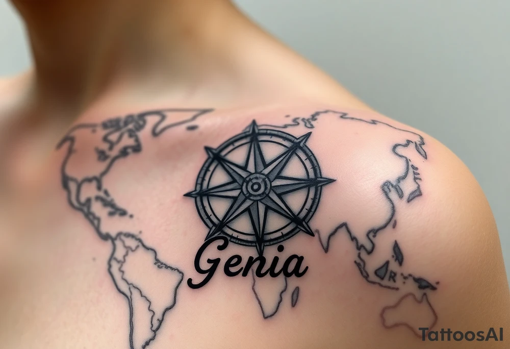 antique compass rose overlaid on weathered world map with name Genia tattoo idea