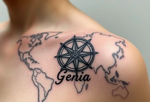 antique compass rose overlaid on weathered world map with name Genia tattoo idea