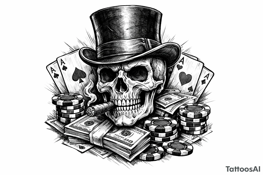skull with cigar in his mouth,top-hat surrounded by poker-chips,paying cards and money. tattoo idea
