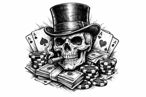 skull with cigar in his mouth,top-hat surrounded by poker-chips,paying cards and money. tattoo idea