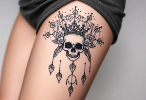 Mandala dream catcher lace with delicate skull and flowers wearing elegant crown tattoo idea