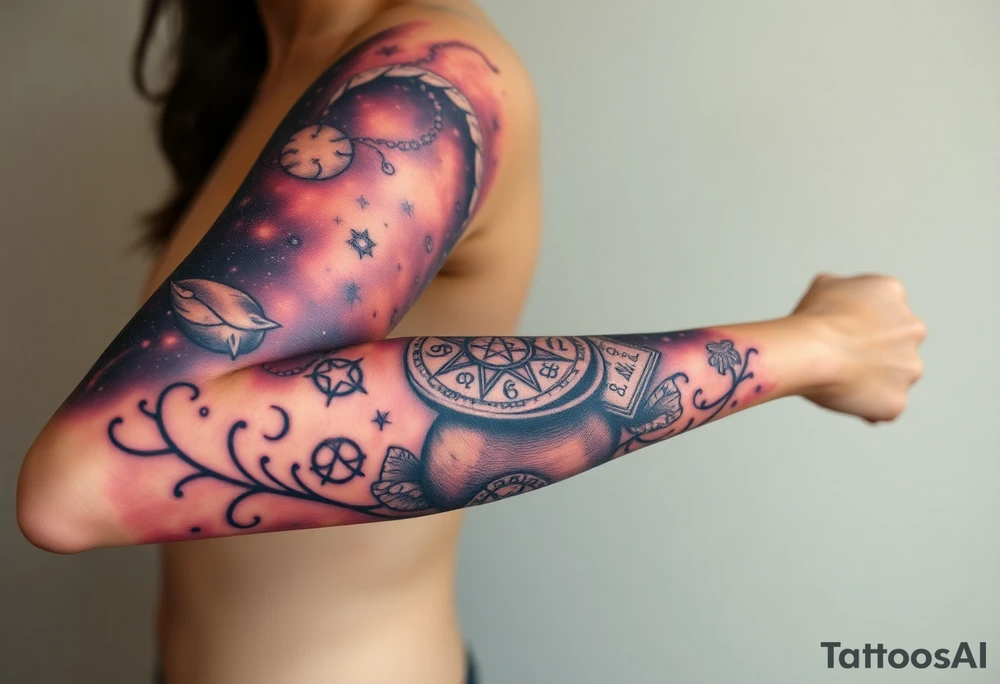 Milky way galaxy filled with zodiac symbols runes tarot cards coming out of a cauldron tattoo idea