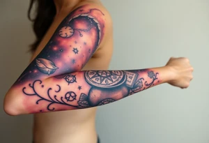 Milky way galaxy filled with zodiac symbols runes tarot cards coming out of a cauldron tattoo idea
