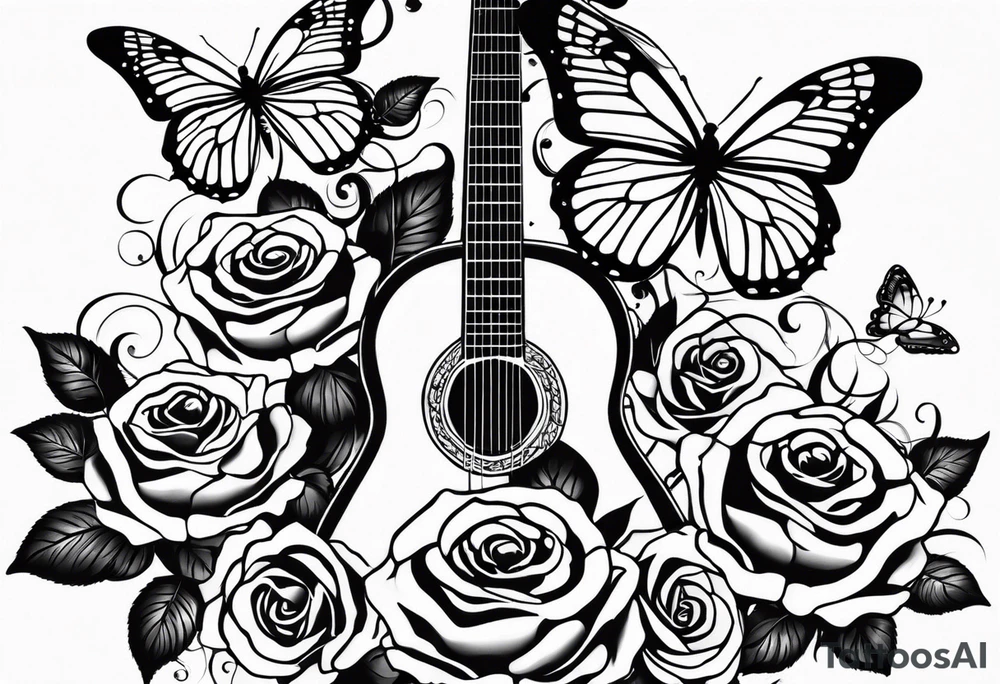 Acoustic guitar treble clef, roses, butterflies tattoo idea