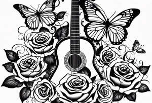 Acoustic guitar treble clef, roses, butterflies tattoo idea