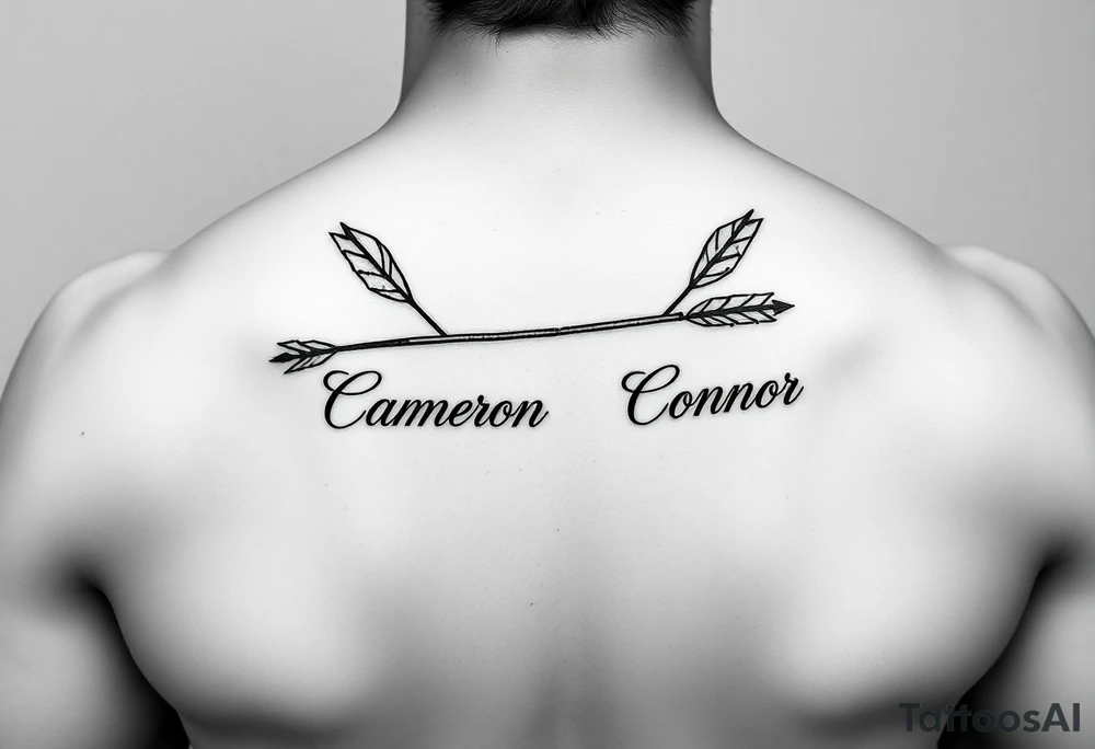 two feminine fine line bow arrows one with the name Cameron and the other with the name Connor tattoo idea