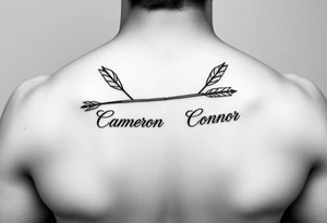 two feminine fine line bow arrows one with the name Cameron and the other with the name Connor tattoo idea