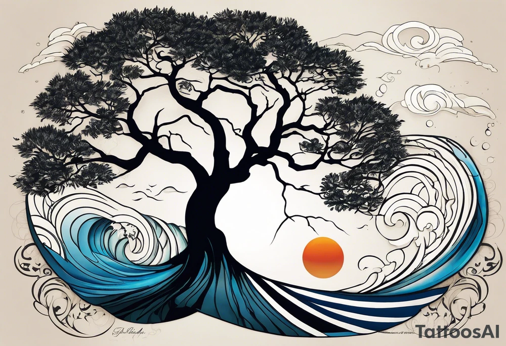 A tattoo of an abstract Tree of life tattoo to be placed on the upper side bicep of a woman. It can wrap around the arm a little. It should have roots growing out of the bottom. The roots slowly turn into water from the great wave by Hokusai. A golf flag should be placed discreetly growing out of the ground. 2 license plate tags should be hanging from the tree. Place a few music notes in the areas the leaves should be. The letters A U should be engraving into the tree trunk in a heart tattoo idea
