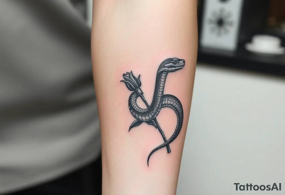 powerful majestic snake wrapped around rose stem tattoo idea