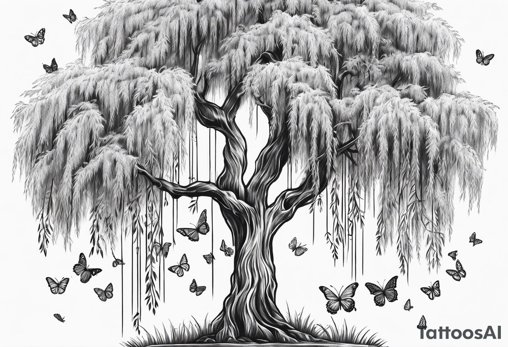 Weeping willow tree with butterflies tattoo idea