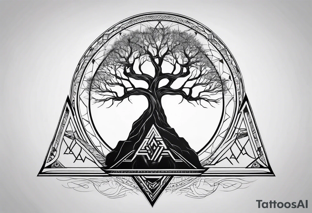 Yggdrasil tree with 3 minimalistic triangles tattoo idea