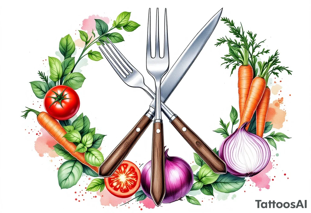 A realistic kitchen tattoo design showing a large silver kitchen knife with a dark brown wooden handle crossed over a shiny silver fork and spoon, all placed diagonally, surrounded by whole and sliced vegetables including bright red round tomatoes, leafy green basil, long orange carrots with green tops, and round purple onions with visible rings, all arranged in a circular wreath shape with a soft white background and subtle watercolor splashes of green, red, and orange for depth. tattoo idea