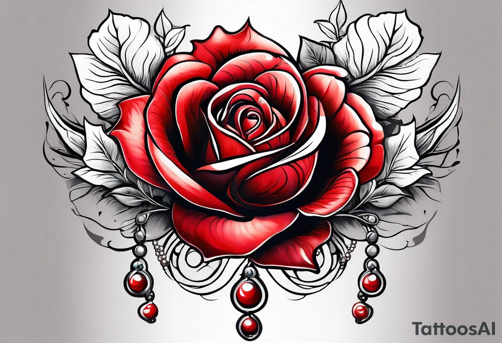 Red rose with a pearl necklace dangling tattoo idea
