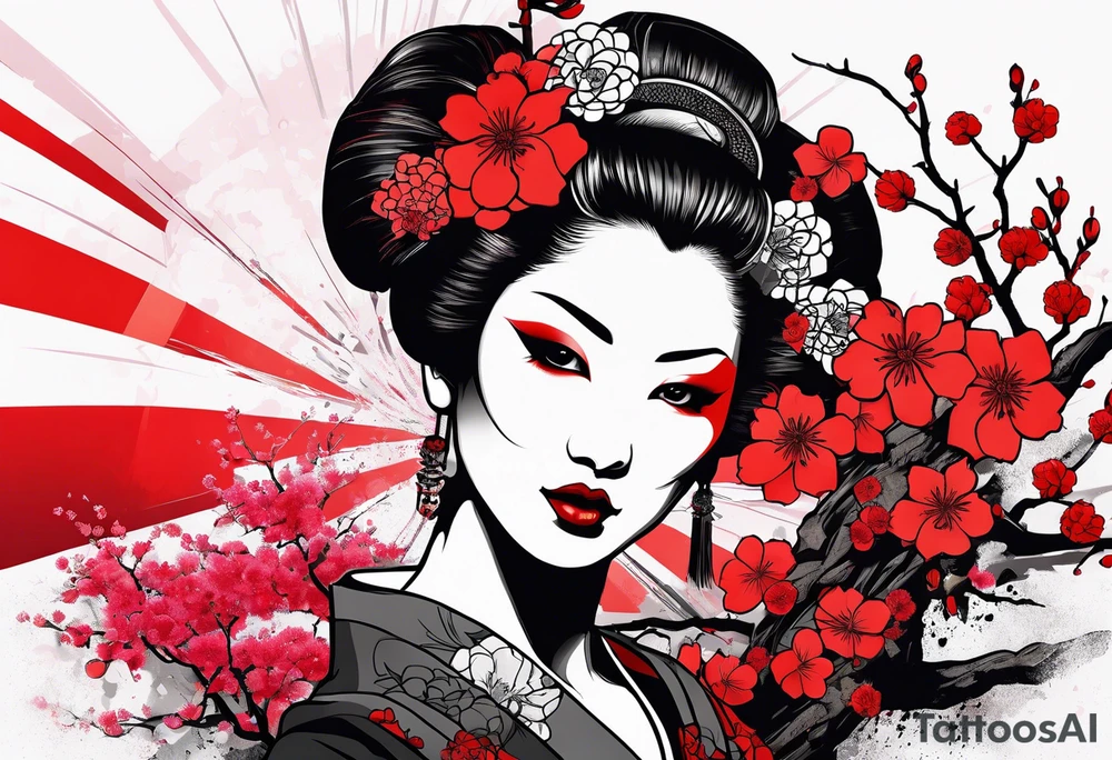 trash polka zombie geisha red sun cherry blossoms tattoo idea