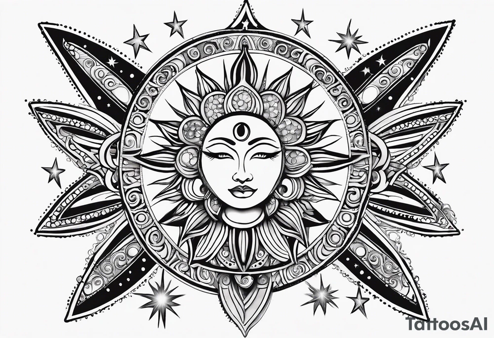 Feminine alien Sun and moon. Freeform rectangular sternum swirls with dots and stars tattoo idea