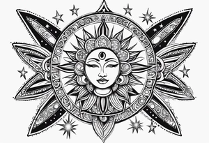 Feminine alien Sun and moon. Freeform rectangular sternum swirls with dots and stars tattoo idea