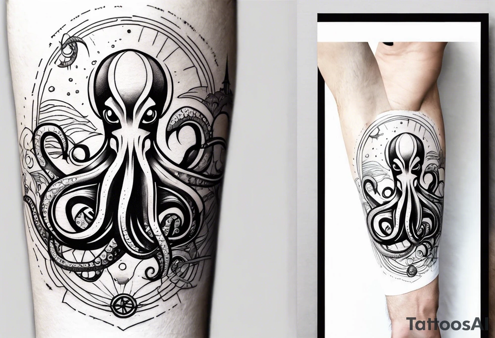 Full arm sleeve , road bicycle and octopus, black and white, color accents, fine line tattoo idea