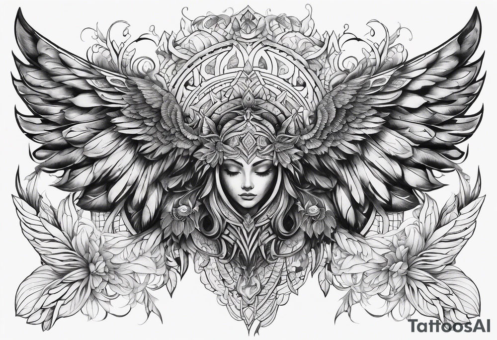 Large symmetrical upper back tattoo that has the main design in yhe upper middle with wings or similar things symmetrically coming down the back shoulders/sides tattoo idea