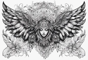 Large symmetrical upper back tattoo that has the main design in yhe upper middle with wings or similar things symmetrically coming down the back shoulders/sides tattoo idea