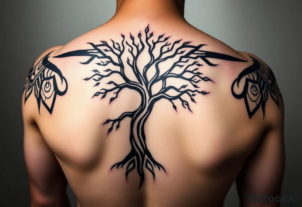 extravagant sacred nnative tree of life who roots rdrive deep into mother eart who has a faceless sillowet of grandmother tattoo idea