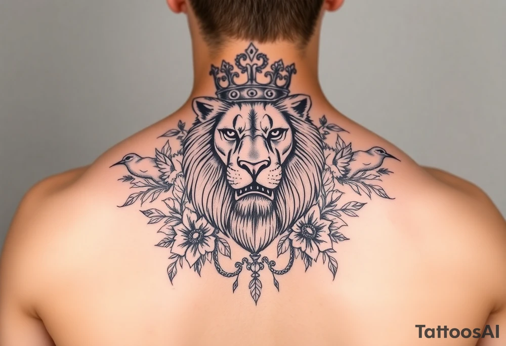 powerful majestic lion with a crown, surrounded by floral ornaments and birds tattoo idea