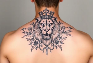 powerful majestic lion with a crown, surrounded by floral ornaments and birds tattoo idea
