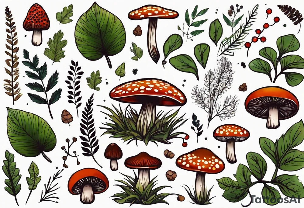 minimalistic forest floor inspired tattoo, which includes grass, moss, curly ferns and dead leaves as the bulk of the tattoo. details to include: forest berries, couple of very small brown mushrooms, a tiny bumblebee flying nearby tattoo idea