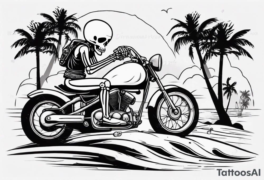 A skeleton riding a motorcycle on the beach with palm trees tattoo idea A skeleton riding a motorcycle on the beach with palm trees tattoo idea