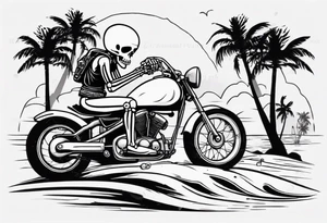 A skeleton riding a motorcycle on the beach with palm trees tattoo idea