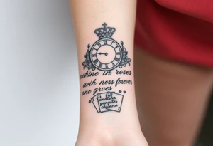 Roman clock with a crown, with roses and a quote that says nothings forever and with a deck of cards gangster chicano style tattoo idea