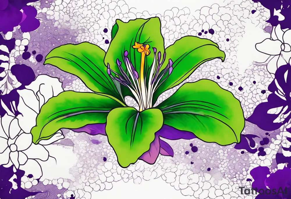 An outline of an only green rio dipladenia flower and a green and purple watercolor splash in the background tattoo idea