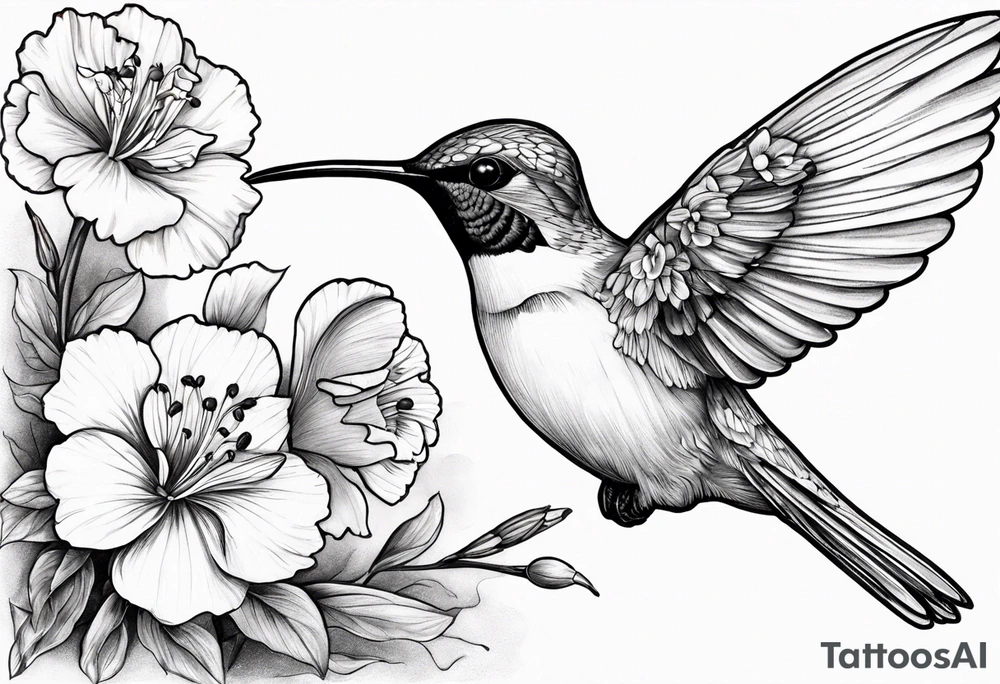 Humingbird made out of Carnation, Snowdrop, Violet, Primrose, Daffodil, jonquil, Lily of the Valley, Hawthorne, Rose, Honeysuckle, Larkspur, Water Lily, Gladiolus & Poppie, Aster, Morning Glory, Chrysanthemum,  Peony, Holly, Narcissus tattoo idea