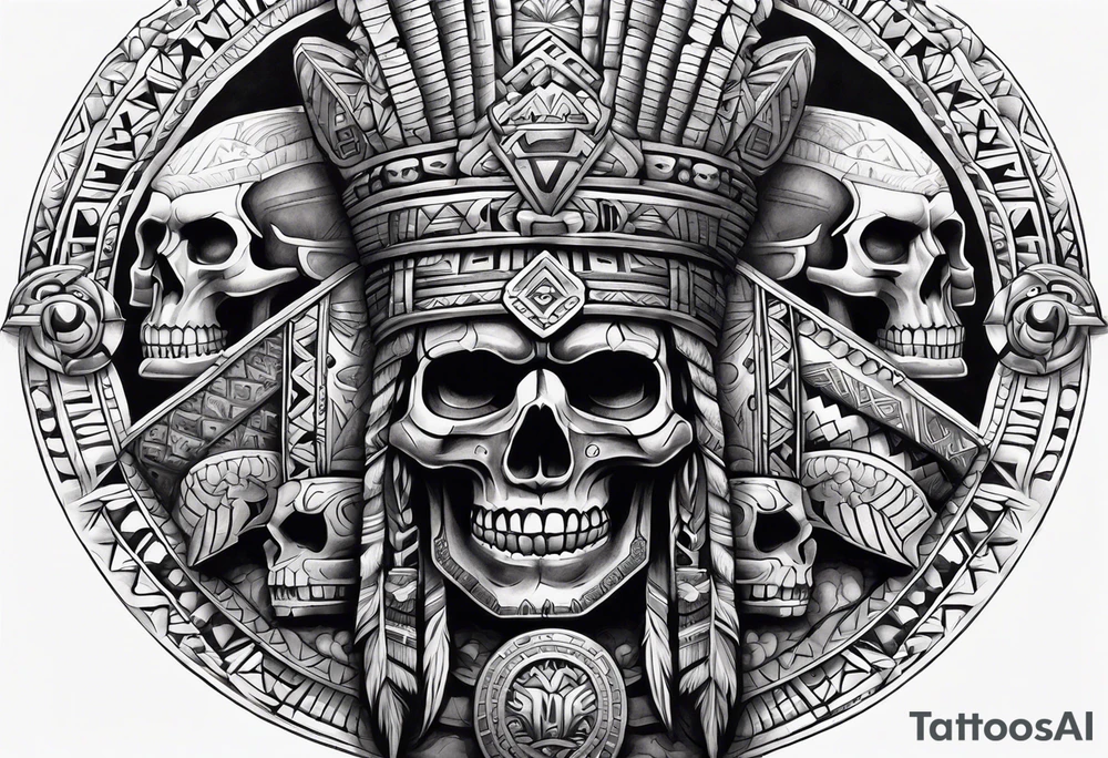 Aztec pyramids and wall of skulls sleeve tattoo idea