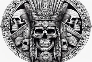 Aztec pyramids and wall of skulls sleeve tattoo idea
