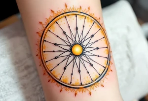 A bicycle wheel with spokes forming a sun, glowing in yellow and gold with subtle gradients for a warm, radiant effect. tattoo idea