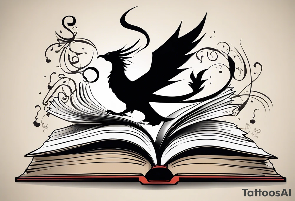 an elegantly drawn tattoo featuring an open book with pages that appear to flutter. Above the book, a small dragon silhouette, playfully flies in the air. To the right, a pawn chess piece stands proudly. Just above, a singular, swirling music note, emanating a sense of melody. On the left corner of the book, a majestic raven, feathers ruffled by an unseen wind. Below, a vibrant cluster of lavender flowers blooms, with a charming bumblebee hovering nearby tattoo idea