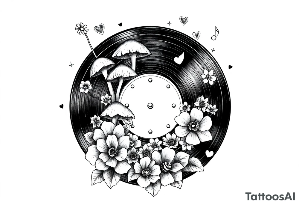 vinyl record with mushrooms, flowers, hearts, and music notes tattoo idea