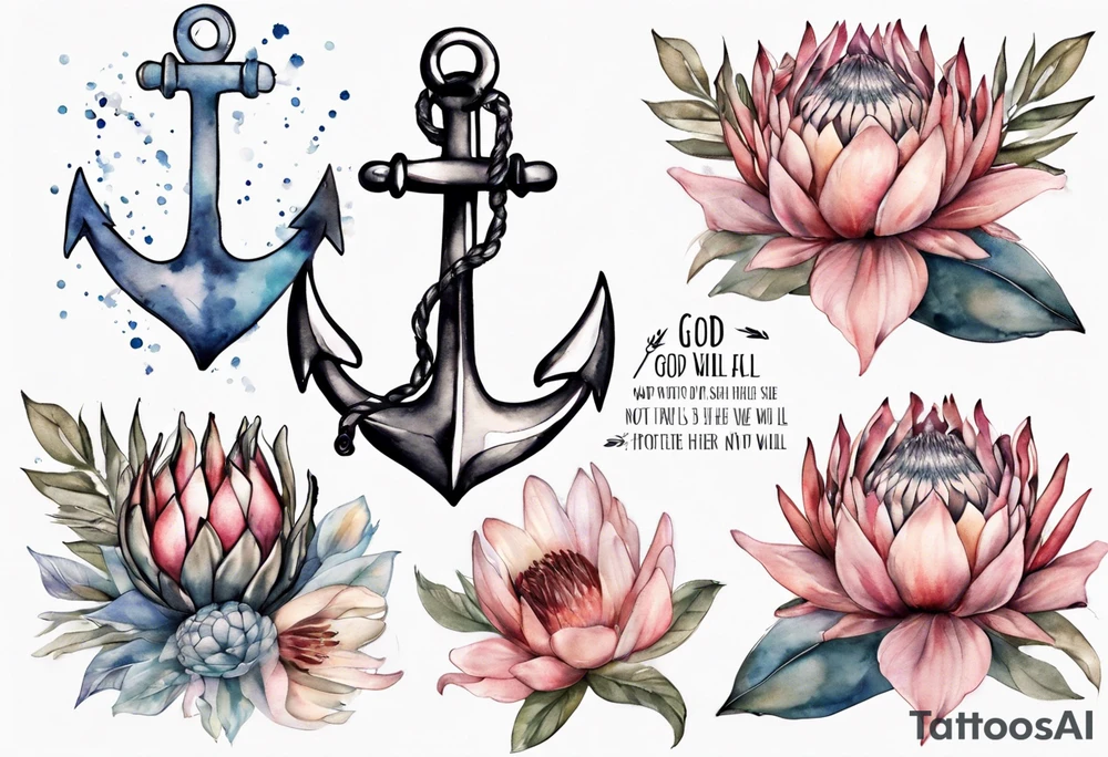 Very feminine tattoo of an anchor and protea flowers and the verse: God is within her, she will not fall. tattoo idea
