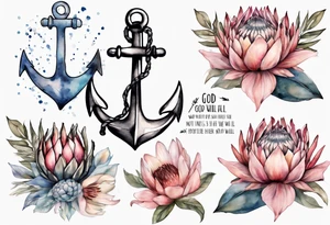 Very feminine tattoo of an anchor and protea flowers and the verse: God is within her, she will not fall. tattoo idea
