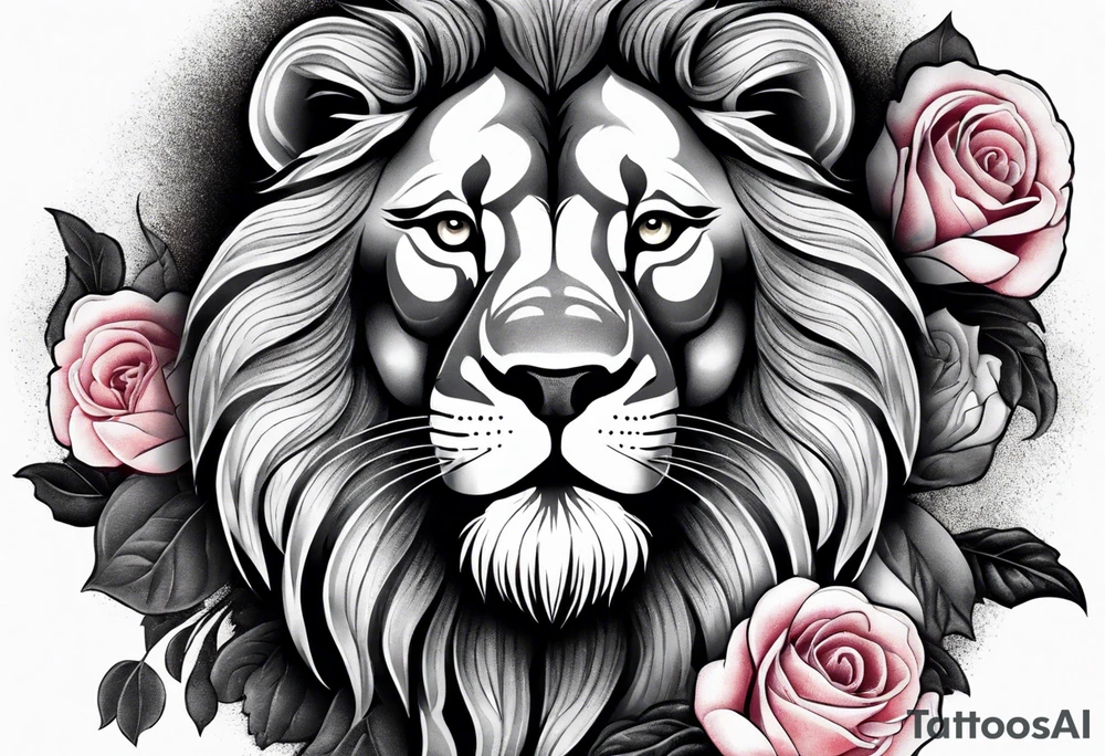 Powerful lion roaring surrounded by roses tattoo idea